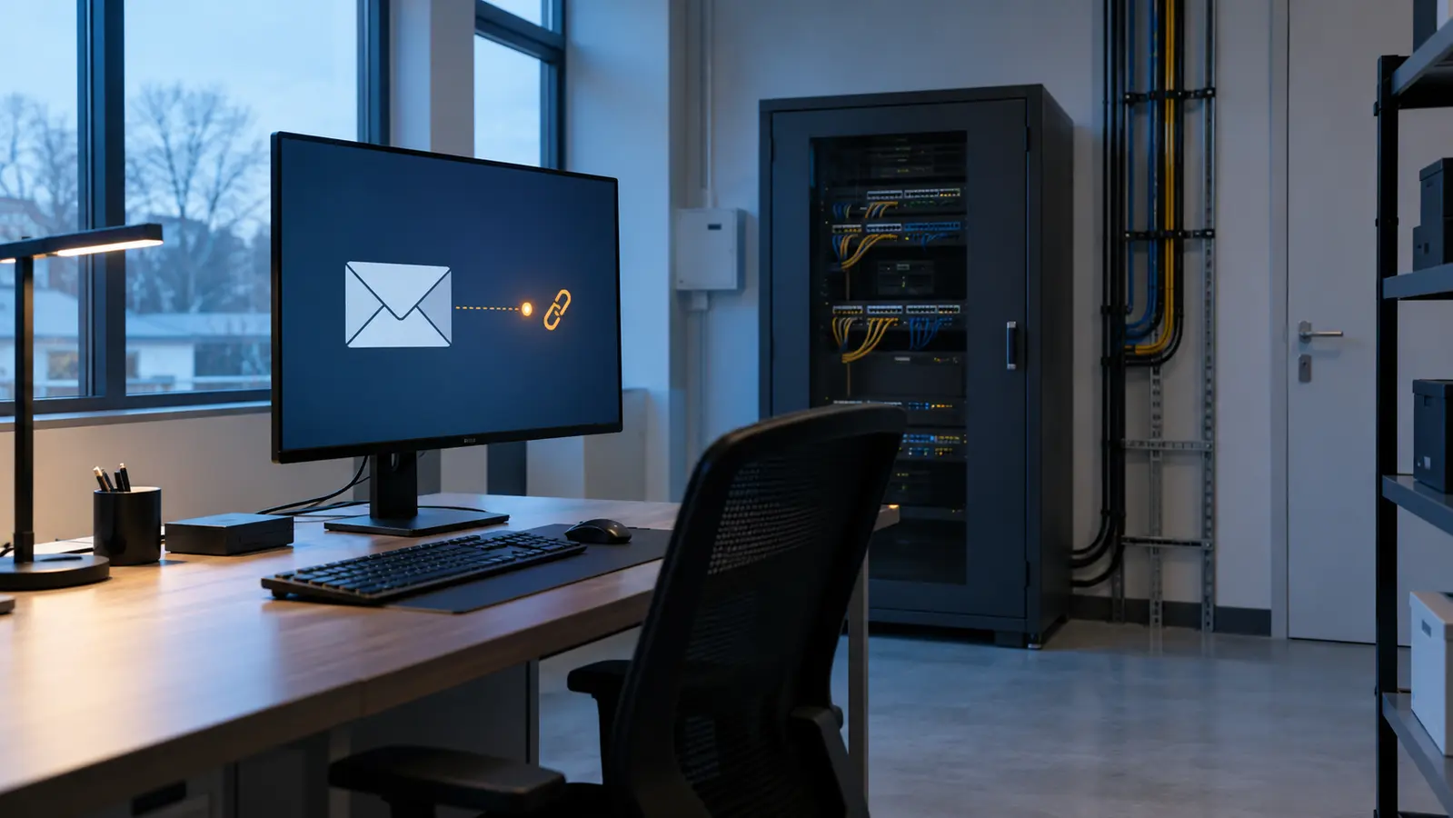 Ilustračná IT kancelária s monitorom zobrazujúcim symbol e-mailu a prerušeného spojenia, v pozadí sieťový rozvádzač.