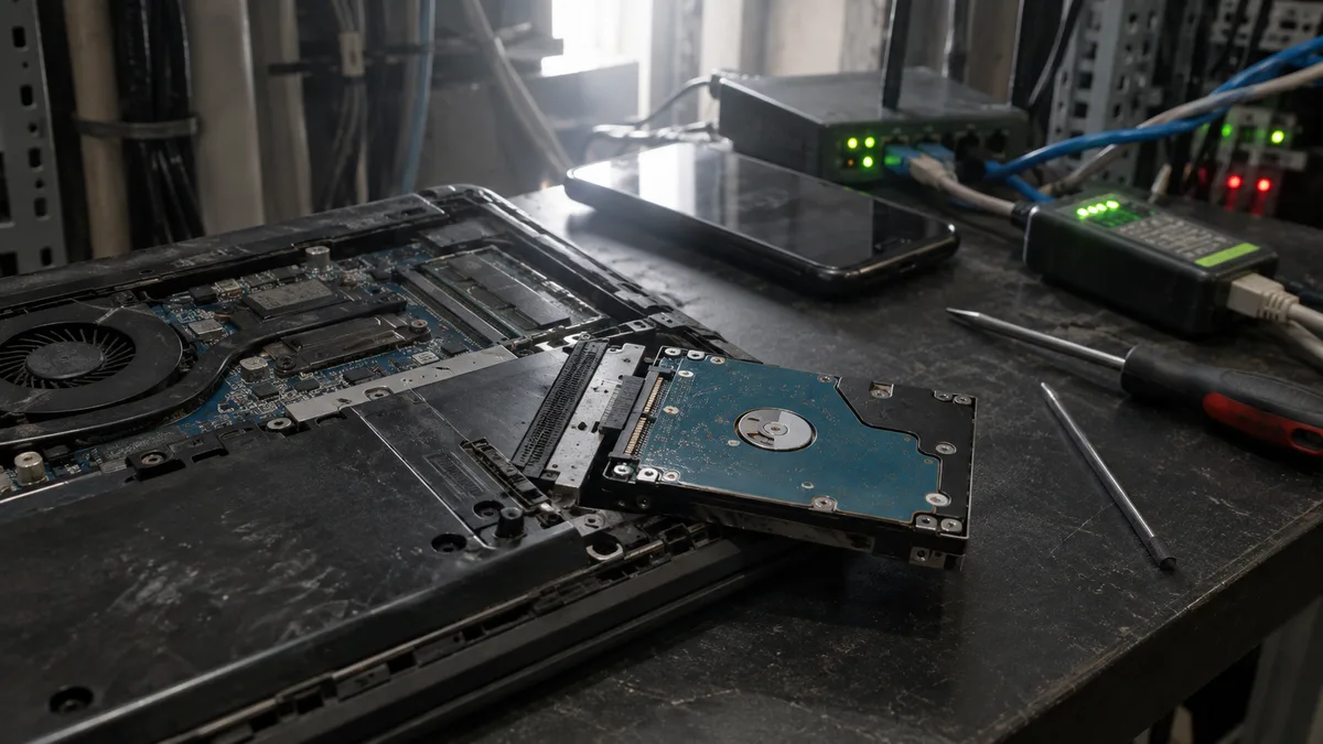 V servisní dílně technik právě vyjímá vadný disk z otevřeného notebooku, zatímco vedle na pultu čeká telefon na hlasitý odposlech a router s připojeným síťovým testerem.