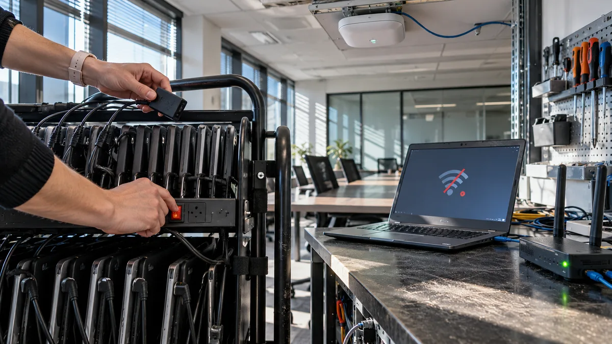 Notebook s prečiarknutou ikonou Wi-Fi na pracovnom pulte vedľa routera, pod stropným prístupovým bodom; technik pri nabíjacom vozíku s notebookmi.