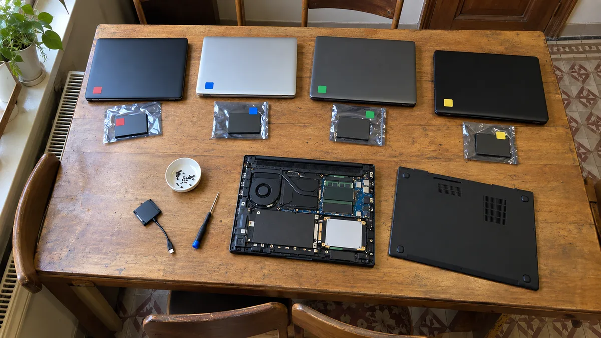 Štyri firemné notebooky na stole, pred každým vybratý SSD disk v antistatickom vrecku s farebným štítkom, vedľa rozobratý notebook a skrutkovač.