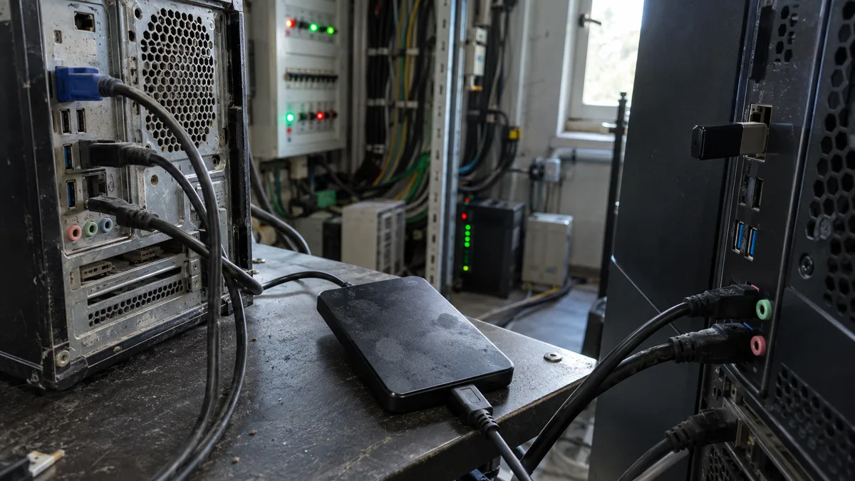 V malé firemní kanceláři zachycuje pohled shora okamžik, kdy externí SSD mezi starým a novým stolním počítačem právě dokončil přenos archivů, zatímco účetní zezadu připojuje licenční USB klíč k novému stroji.