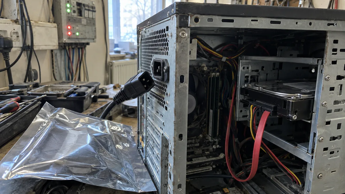 V servisní dílně technik právě odpojuje napájecí kabel od cvakajícího otevřeného stolního počítače, zatímco vadný HDD zůstává upevněný v šachtě a připravený antistatický sáček čeká na bezpečný převoz do laboratoře.