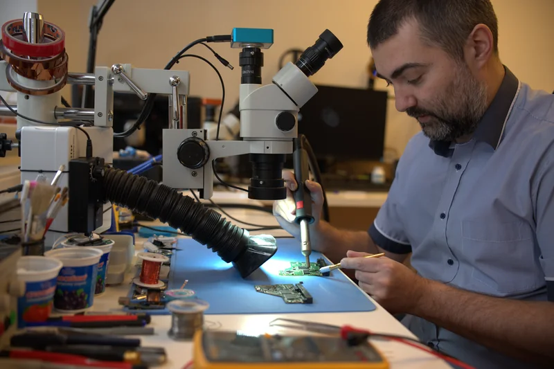 Technik ITHOPE pri stereomikroskope spájkuje PCB disku — laboratórium záchrany dát