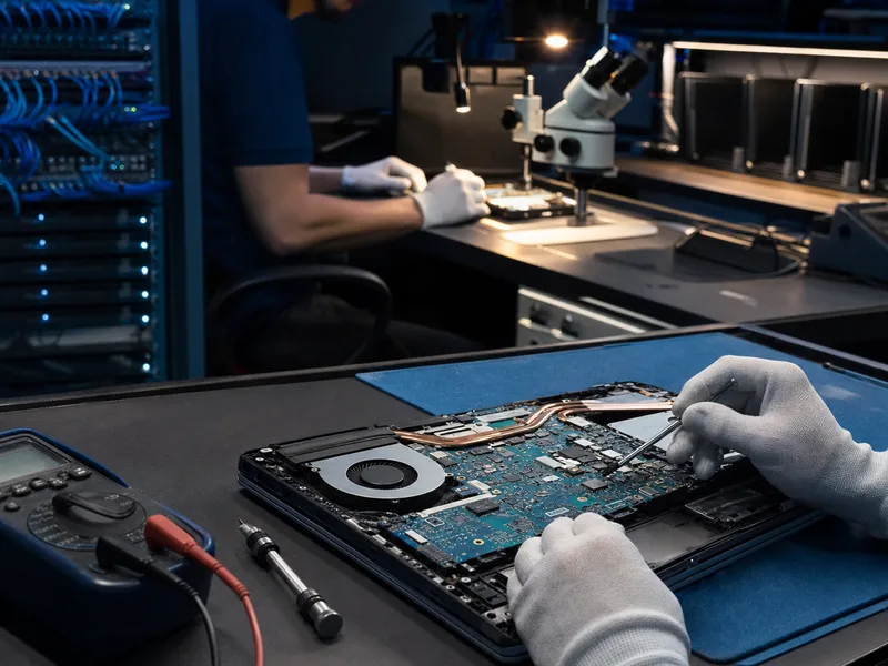 Pracovisko ITHOPE — technik opravuje notebook, v pozadí mikroskop na záchranu dát, serverový rack a pripravené notebooky