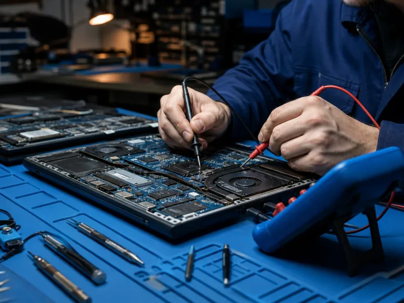 Technik meria multimetrom základnú dosku otvoreného notebooku na servisnom pracovisku
